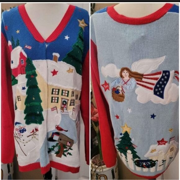 Quacker Factory christmas sweater Large cardigan Angel Snowman QVC - Picture 1 of 7